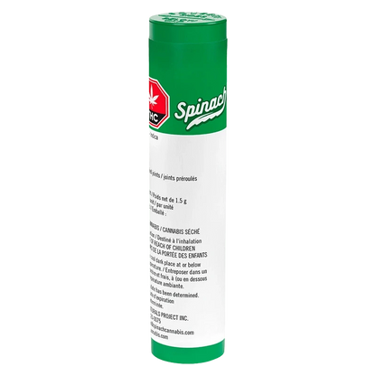 Tall front view of the green-and-white OG Kush PR 3 x 0.5 g tube with legible warning text and a green Spinach logo near the top