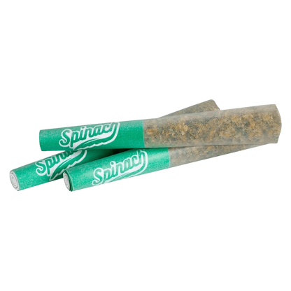 Three angled OG Kush PR 3 x 0.5 g pre-rolls with green "Spinach" branded tips arranged in a staggered stack on a white background.