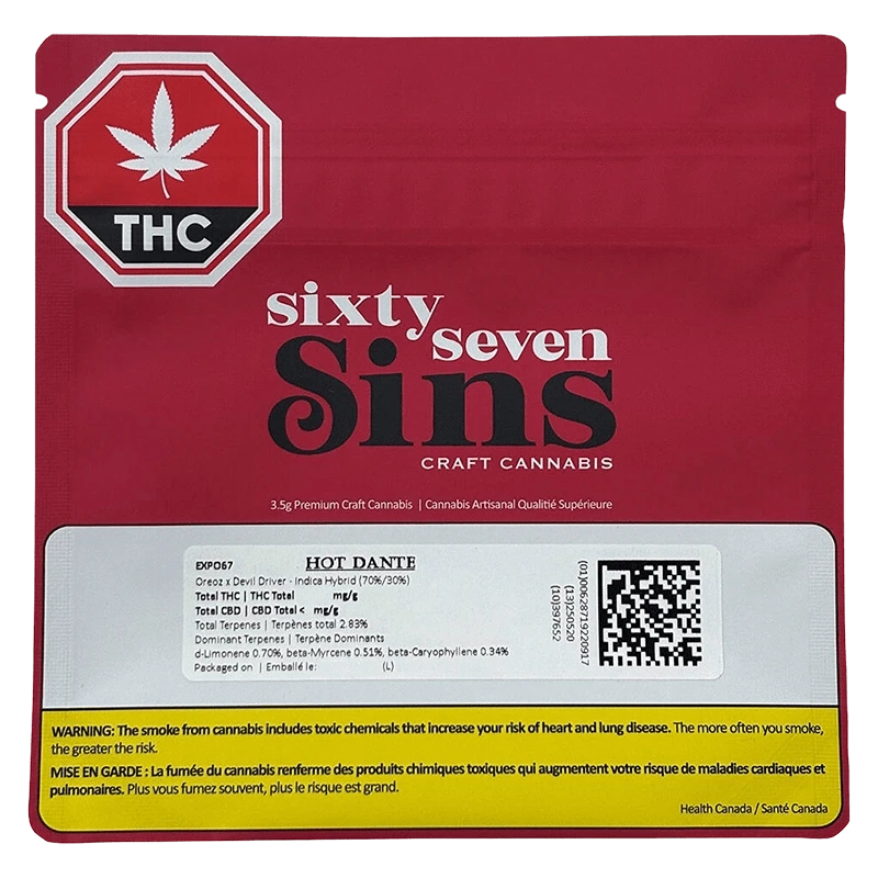 Flat front view of the red EXPO67 pouch featuring the "sixty seven Sins" logo, THC stop sign, product label and yellow warning strip
