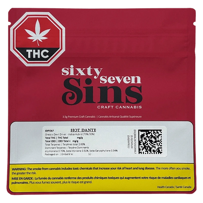Flat front view of the red EXPO67 pouch featuring the "sixty seven Sins" logo, THC stop sign, product label and yellow warning strip