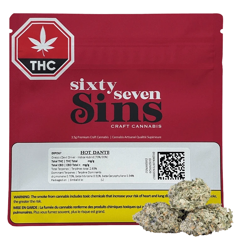 Front view of the red EXPO67 pouch labeled "sixty seven Sins" with a white info panel and cannabis buds at the lower right.