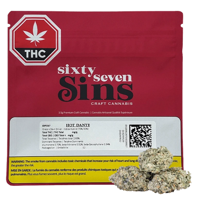Front view of the red EXPO67 pouch labeled "sixty seven Sins" with a white info panel and cannabis buds at the lower right.