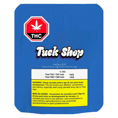 Front-facing blue package showing the Truck Shop "Valley Girl" label, THC red octagon logo at top left, and a yellow warning box at the bottom.