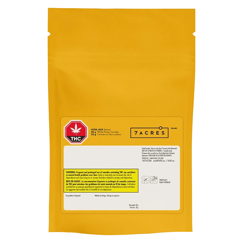 Front-facing shot of a yellow resealable pouch labeled "Granddaddy Purple Skunk" with a white information panel and THC symbol.