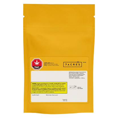 Front-facing shot of a yellow resealable pouch labeled "Granddaddy Purple Skunk" with a white information panel and THC symbol.