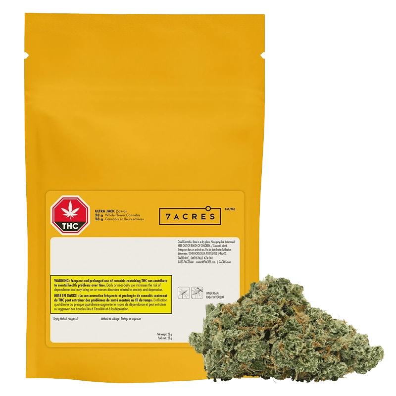 Yellow resealable pouch photographed front-on with a cannabis bud at its base, labeled "Granddaddy Purple Skunk."