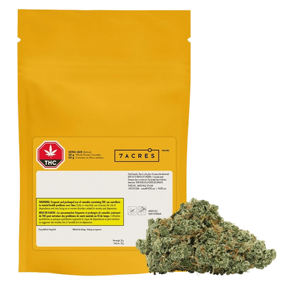 Yellow resealable pouch photographed front-on with a cannabis bud at its base, labeled "Granddaddy Purple Skunk."