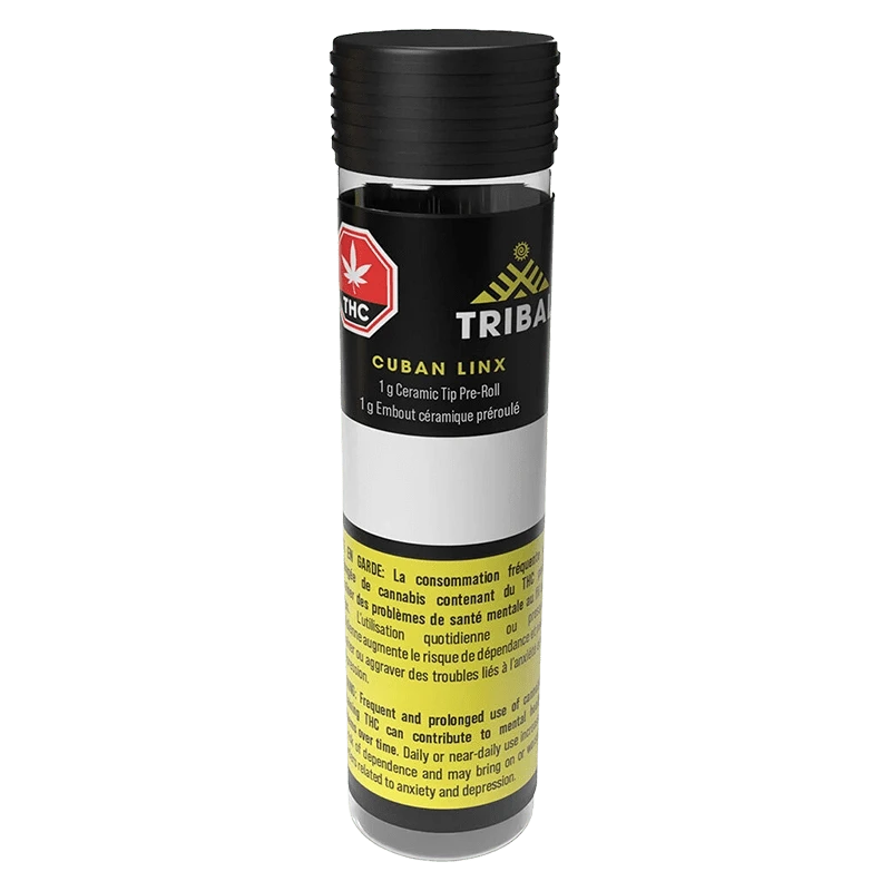 Tall front view of the Tribal Cuban Linx Ceramic Tip PR 1 x 1 g tube with black cap and yellow warning label.