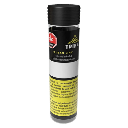 Tall front view of the Tribal Cuban Linx Ceramic Tip PR 1 x 1 g tube with black cap and yellow warning label.