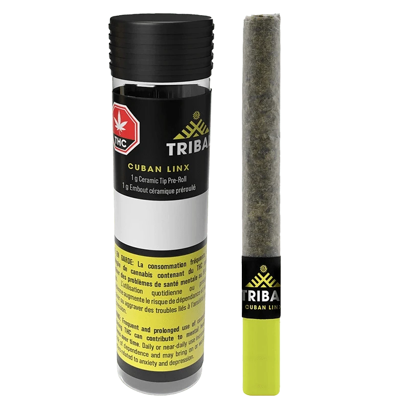 Front view of a cylindrical tube and a single pre-roll with a yellow ceramic tip, both labeled "Cuban Linx Ceramic Tip PR 1 x 1 g."