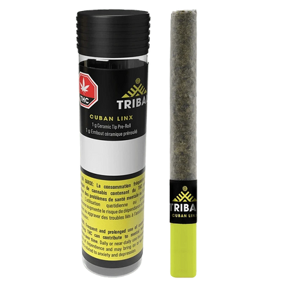 Front view of a cylindrical tube and a single pre-roll with a yellow ceramic tip, both labeled "Cuban Linx Ceramic Tip PR 1 x 1 g."