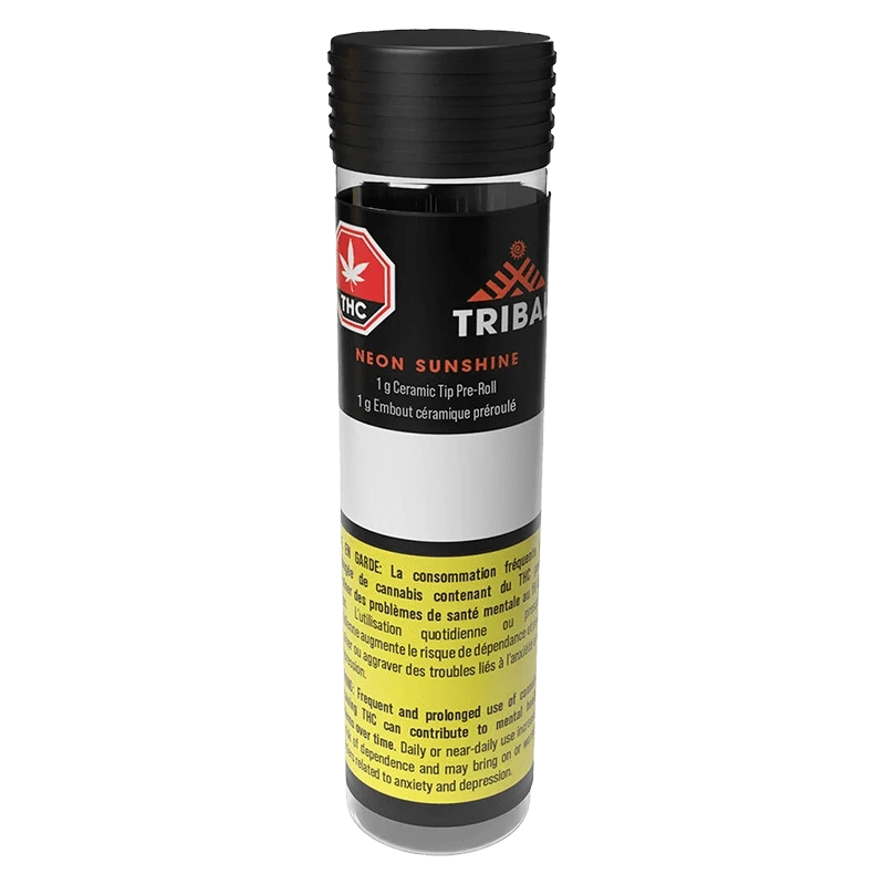 Tall front view of the Tribal Neon Sunshine Ceramic Tip PR 1 x 1 g tube with black cap and yellow warning label.