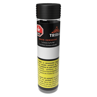 Tall front view of the Tribal Neon Sunshine Ceramic Tip PR 1 x 1 g tube with black cap and yellow warning label.