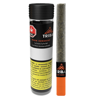 Front view of the Neon Sunshine Ceramic Tip PR 1 x 1 g showing the labeled black tube with warning text beside the rolled joint with an orange ceramic tip.