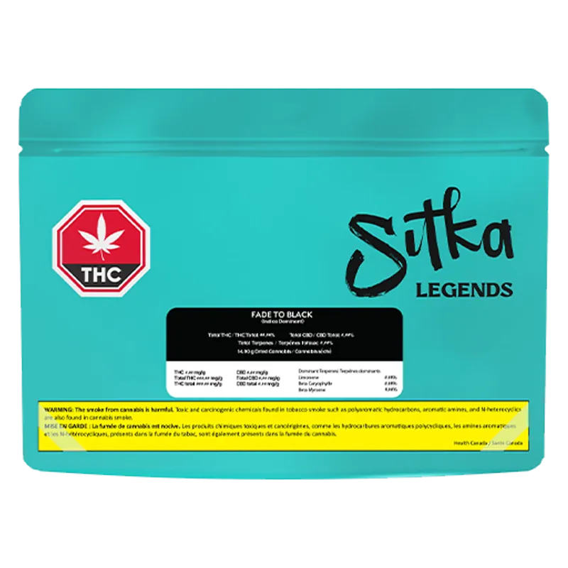 Front-facing turquoise pouch with a black label and bold "Sitka Legends Fade To Black" name at right, small THC stop sign left.