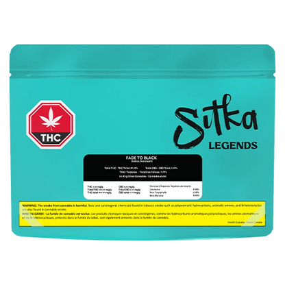 Front-facing turquoise pouch with a black label and bold "Sitka Legends Fade To Black" name at right, small THC stop sign left.