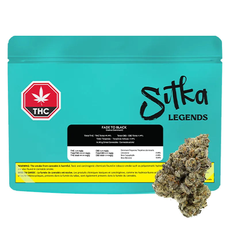 Front-facing shot of the turquoise Sitka Legends Fade To Black pouch with a THC warning icon on the left and a cluster of dried buds at the lower right.