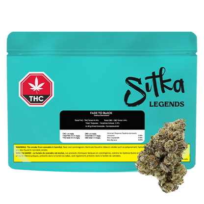 Front-facing shot of the turquoise Sitka Legends Fade To Black pouch with a THC warning icon on the left and a cluster of dried buds at the lower right.