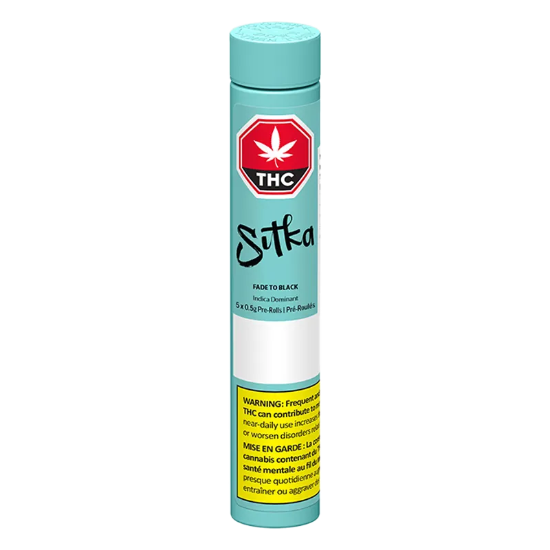 Tall front view of the turquoise tube packaging for Fade To Black PR 5 x 0.5 g, showing a THC emblem and warning label.