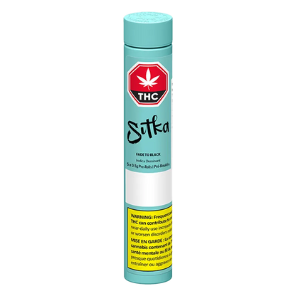 Tall front view of the turquoise tube packaging for Fade To Black PR 5 x 0.5 g, showing a THC emblem and warning label.
