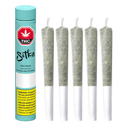 Tall front-facing Sitka Fade To Black PR 5 x 0.5 g tube standing beside five upright pre-rolls on a white background