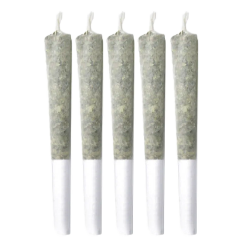 Five evenly spaced pre-rolled joints photographed head-on against a white background for the Fade To Black PR 5 x 0.5 g.