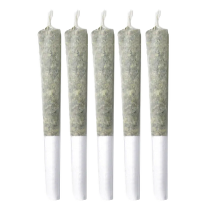 Five evenly spaced pre-rolled joints photographed head-on against a white background for the Fade To Black PR 5 x 0.5 g.