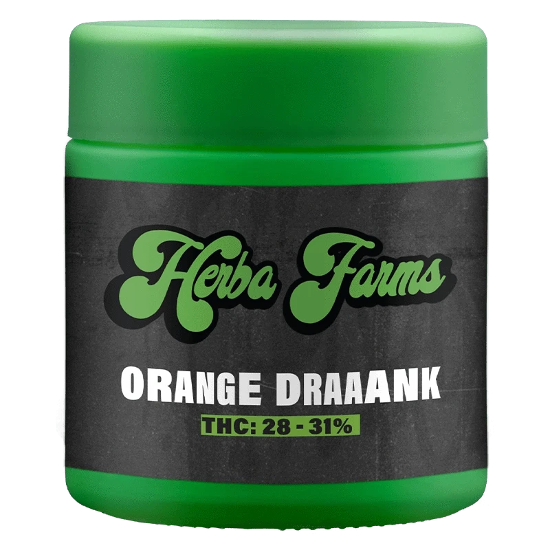 Front-facing shot of a green jar labeled Herba Farms Orange Draaaank with bold white text and a dark textured label.