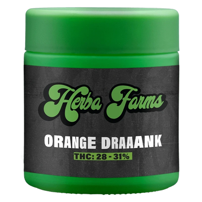 Front-facing shot of a green jar labeled Herba Farms Orange Draaaank with bold white text and a dark textured label.