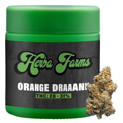 Front-facing shot of a green Herba Farms Orange Draaaank container with its label visible and a cannabis bud positioned at the lower right.