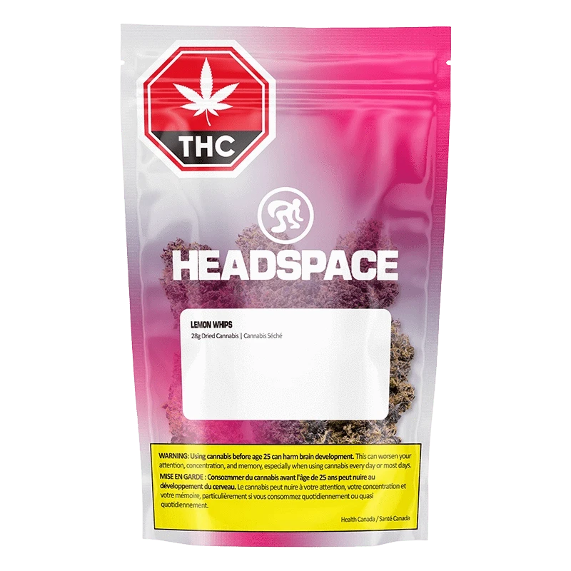 Front view of the Headspace Lemon Whips resealable pouch with pink gradient background, visible buds through a clear window and a red THC stop sign.
