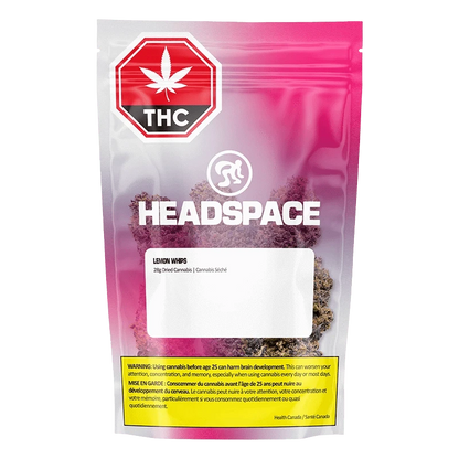 Front view of the Headspace Lemon Whips resealable pouch with pink gradient background, visible buds through a clear window and a red THC stop sign.