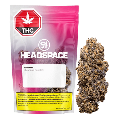Front view of the Headspace Lemon Whips 28 g pouch with a pink gradient background beside a single dense, purple-tinged cannabis bud.