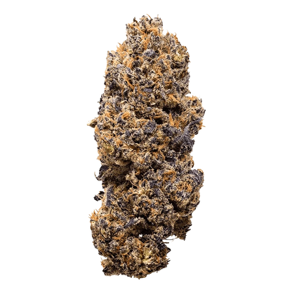 Single close-up of a dense, frosty Lemon Whips cannabis bud showing purple hues and orange pistils against a plain background