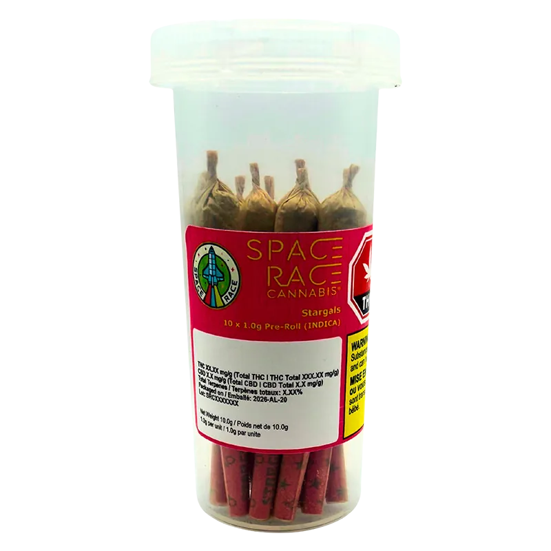 Clear front view of a plastic tube of Stargals PR 10 x 1 g showing ten brown pre-rolls and a red Space Race Cannabis label.