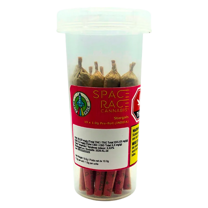Clear front view of a plastic tube of Stargals PR 10 x 1 g showing ten brown pre-rolls and a red Space Race Cannabis label.