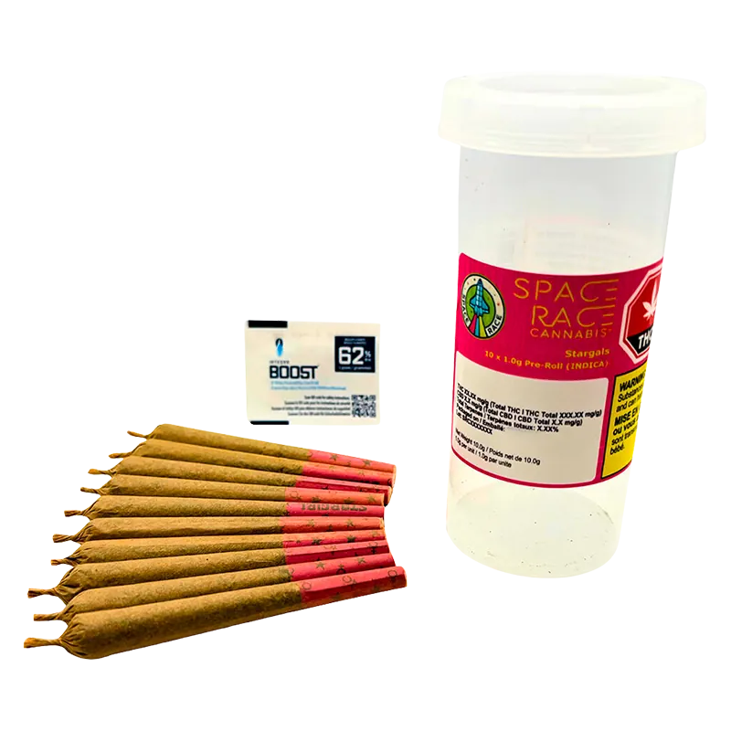 Cluster of pre-rolled joints fanned on a white surface beside a tall clear container labeled "Stargals PR 10 x 1 g" with a pink Space Race Cannabis sticker.