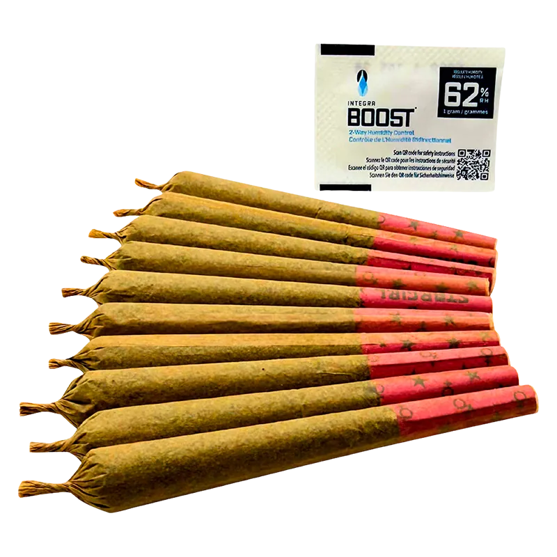 Angled close-up of a fanned row of brown pre-rolled cones with red star-patterned tips and a white pack behind them, labeled Stargals PR 10 x 1 g
