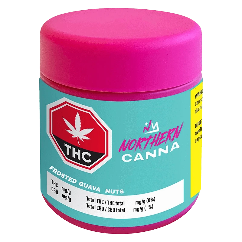 Angle view of a teal and pink jar labeled Northern Canna Frosted Guava Nuts with a prominent red THC stop-sign logo on the front