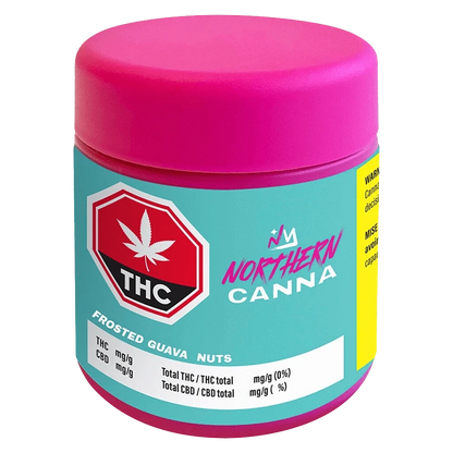 Angle view of a teal and pink jar labeled Northern Canna Frosted Guava Nuts with a prominent red THC stop-sign logo on the front