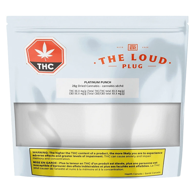 Front-facing shot of The Loud Plug Platinum Punch resealable white pouch with orange logo, THC badge, and a yellow warning panel.