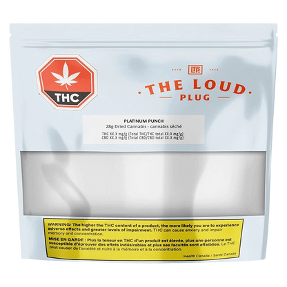 Front-facing shot of The Loud Plug Platinum Punch resealable white pouch with orange logo, THC badge, and a yellow warning panel.