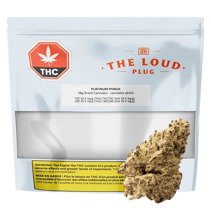 Front-facing shot of The Loud Plug Platinum Punch 28 g resealable pouch with a clear window and a cannabis bud overlapping the lower right.