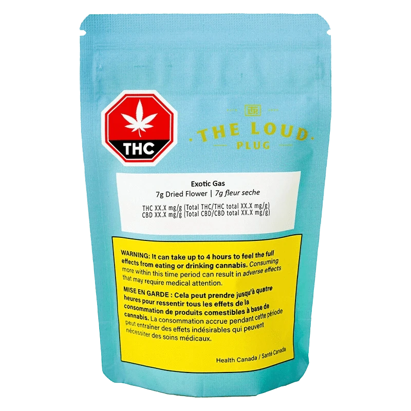 Rear view of the blue pouch showing the label and warnings for "Exotic Gas" by THE LOUD PLUG.