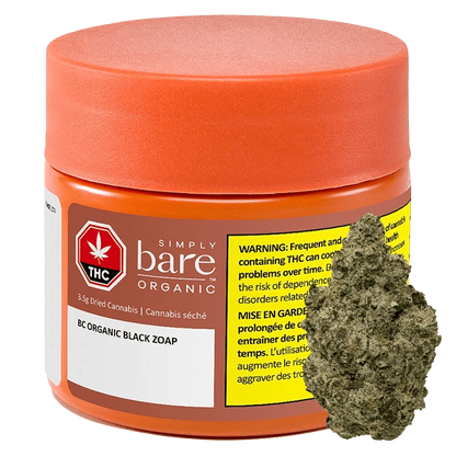 Three-quarter view of an orange jar labeled BC Organic Black Zoap with a yellow warning panel and a cannabis bud shown beside it.
