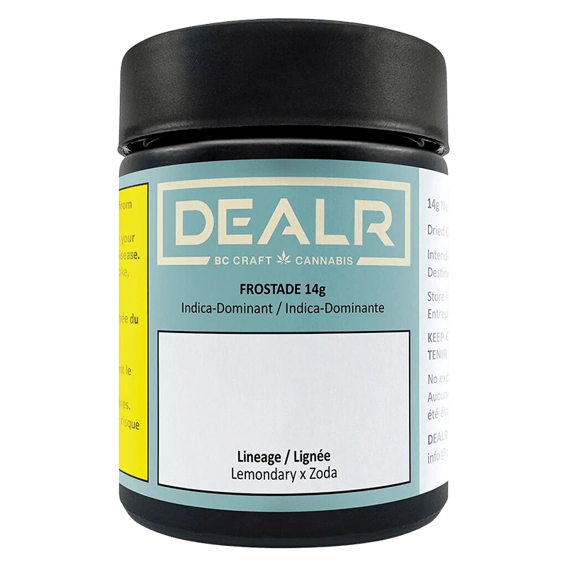 Front-facing shot of the DEALR Frostade 14g jar with its teal label, black lid, and bold logo centered above strain details.