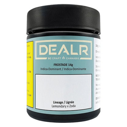 Front-facing shot of the DEALR Frostade 14g jar with its teal label, black lid, and bold logo centered above strain details.