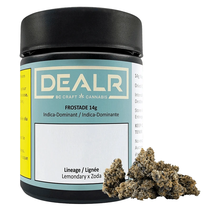 Front-facing jar labeled DEALR FROSTADE with a black lid and a small pile of frosty cannabis buds at the jar's base