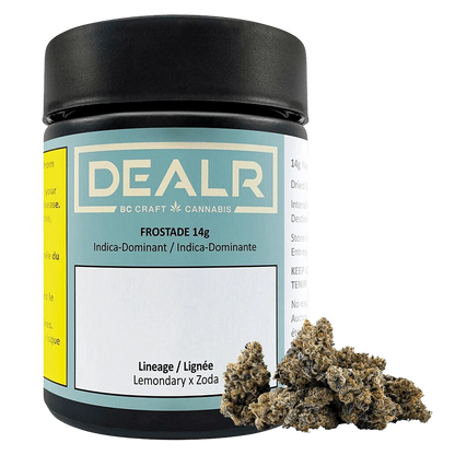 Front-facing jar labeled DEALR FROSTADE with a black lid and a small pile of frosty cannabis buds at the jar's base