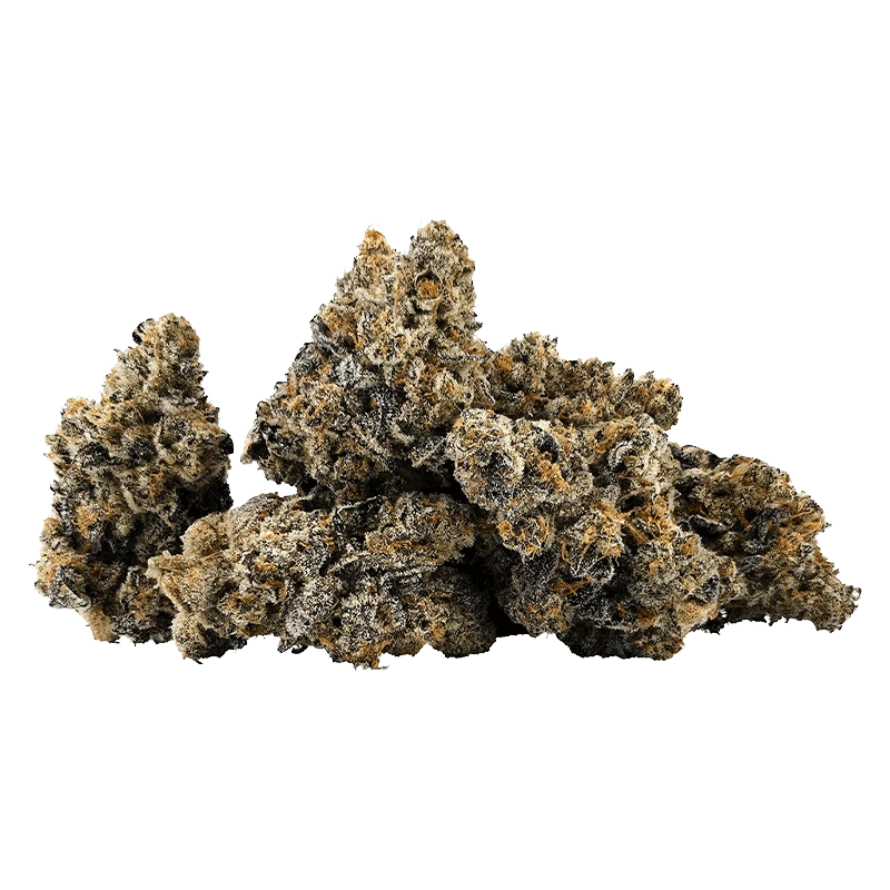 Close-up of a cluster of frosty, trichome-covered buds of Frostade displayed against a transparent background.